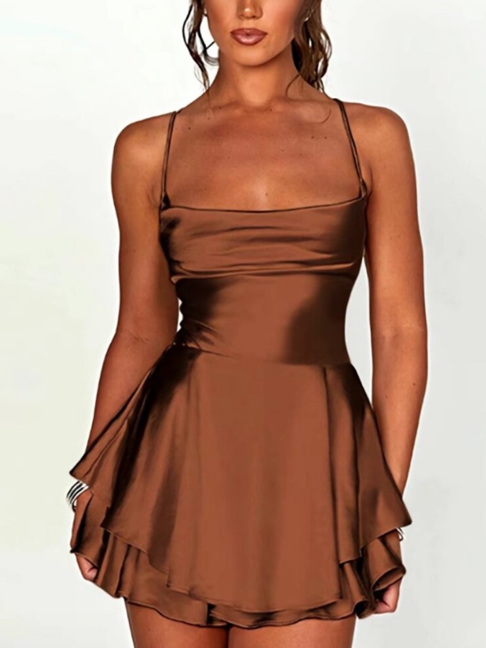 NWT Women Satin Backless Mini Dress  | Brown XS